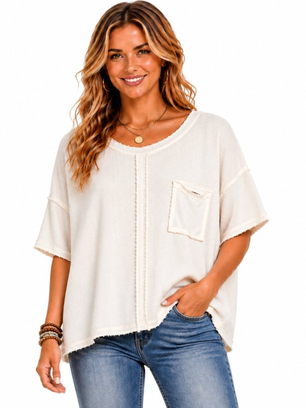 POL Short Sleeves Scoop Neck Cream Oversized Sweater with Raw Edges/Seams NWOT S